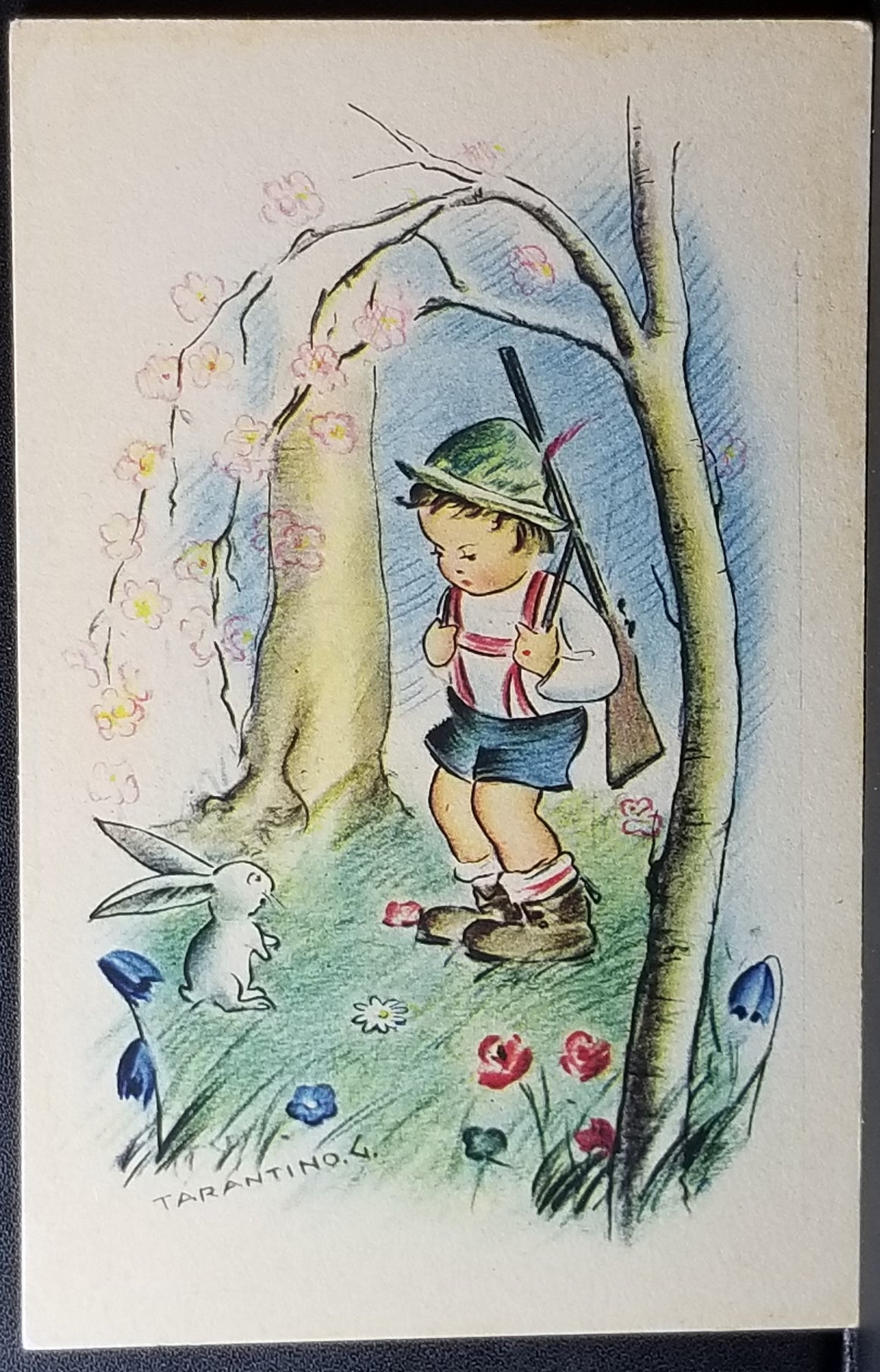 Artist Postcard G. Tarantino Little Boy Kneeling Down to Bunny Rabbit in Forest