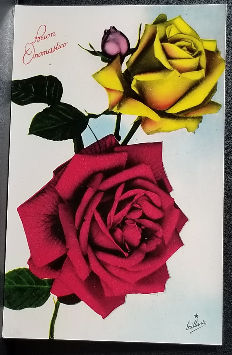 Birthday Flower Postcard Italian Name Day Brilliant Style Red & Yellow Rose Series 814 Made in Italy