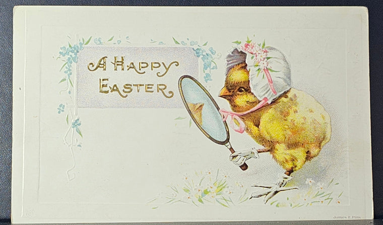 Easter Postcard Anthropomorphic Humanized Baby Chick Holding Mirror Wearing Bonnet and Stockings James Pitts Germany