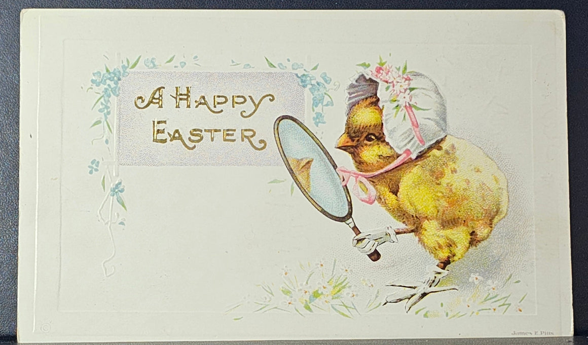Easter Postcard Anthropomorphic Humanized Baby Chick Holding Mirror Wearing Bonnet and Stockings James Pitts Germany