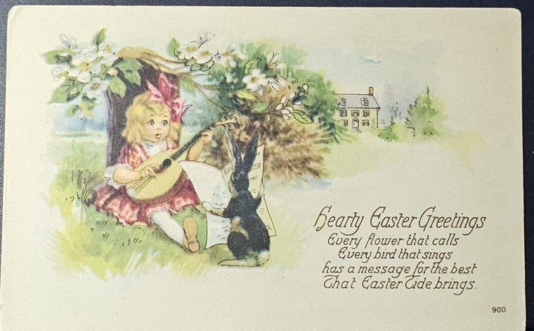 Easter Postcard Girl Plays Mandolin Bunny Holds Sheet Music