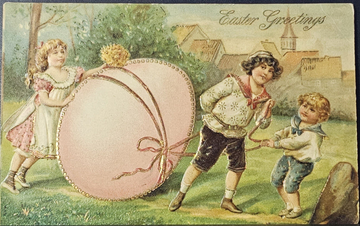 Easter Greetings Children Rolling Large Egg Embossed Gilded Postcard