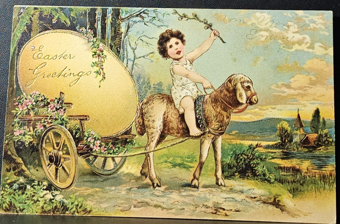Easter Postcard Child Riding Lamb Hauling Giant Egg Embossed with Gold Highlights Brilliant PFB Series 5840