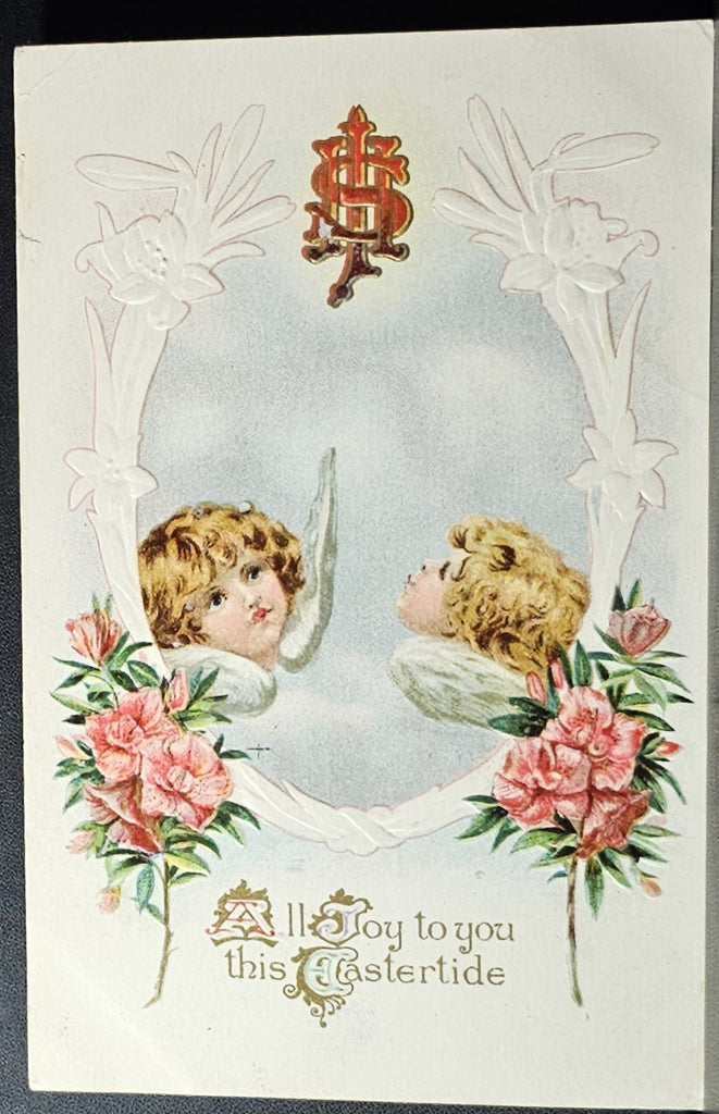 Easter Postcard Angel Faces with Pink Flowers Series 446 JJ Marks Pub