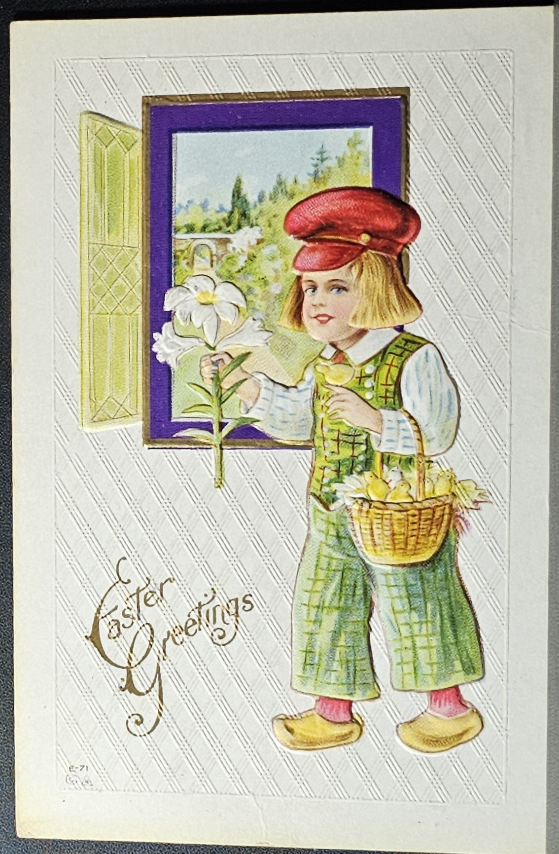 Easter Postcard Little Dutch Boy Holding Lilies and Daffodils Gold Highlighted Window