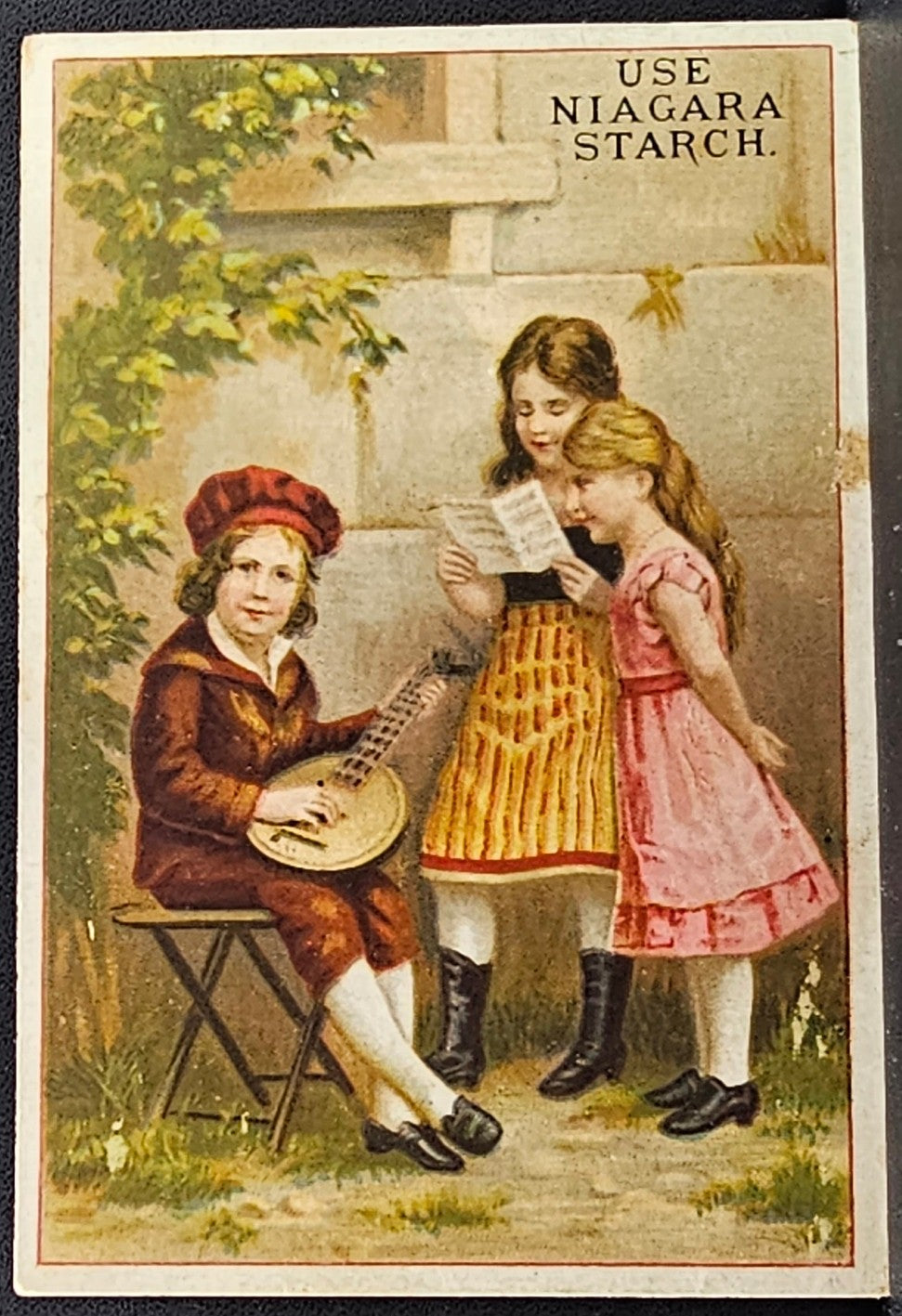 Victorian Advertising Trade Card Use Niagara Starch Children with Instruments Singing