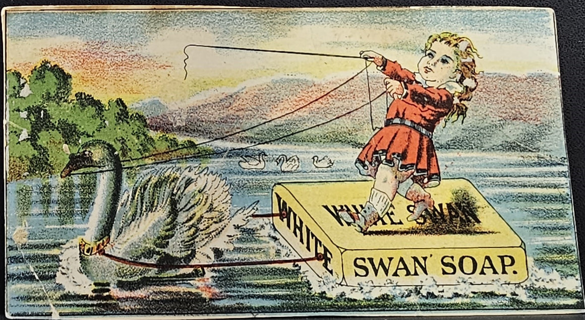 Advertising Trade Card White Swan Soap Little Girl Riding Box Pulled by Swan