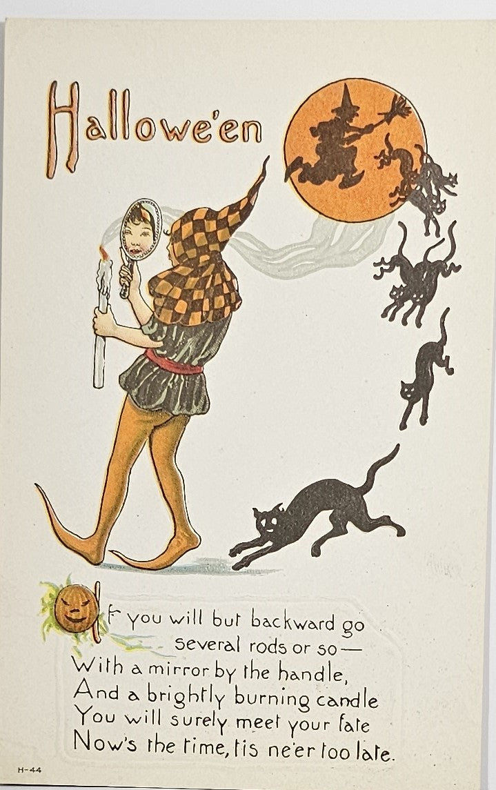 Halloween Postcard Jester Brownie Girl with Candle & Mirror Witch Chasing Black Cats Nash Publishing