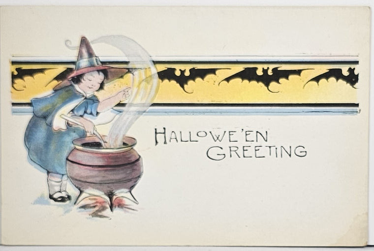 Halloween Postcard Little Witch Girl in Blue Dress Stirring Cauldron with Bats in Background Series 298