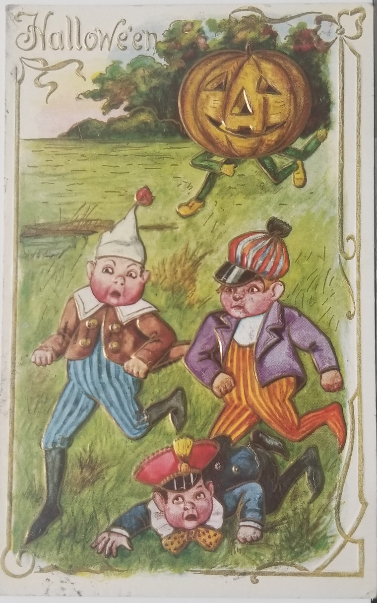 Halloween Postcard JOL Man Chasing Elves Down Hill Gold Embossed