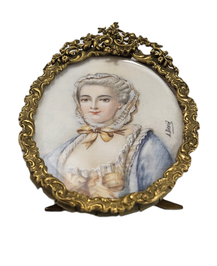 Antique Hand Painted Miniature Portrait Painting Madame de Pompadour Gilt Brass Frame Artist Signed 'David'