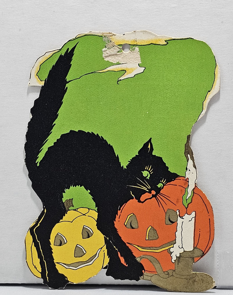 Vintage Halloween Decoration Tally Card Die Cut Black Cat JOL Pumpkins Burning Candle Gold Whitney Pub