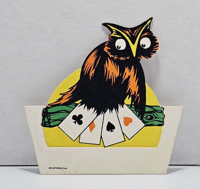 Vintage Halloween Dennison Deco Era Die Cut Place Card Owl Holding Cards