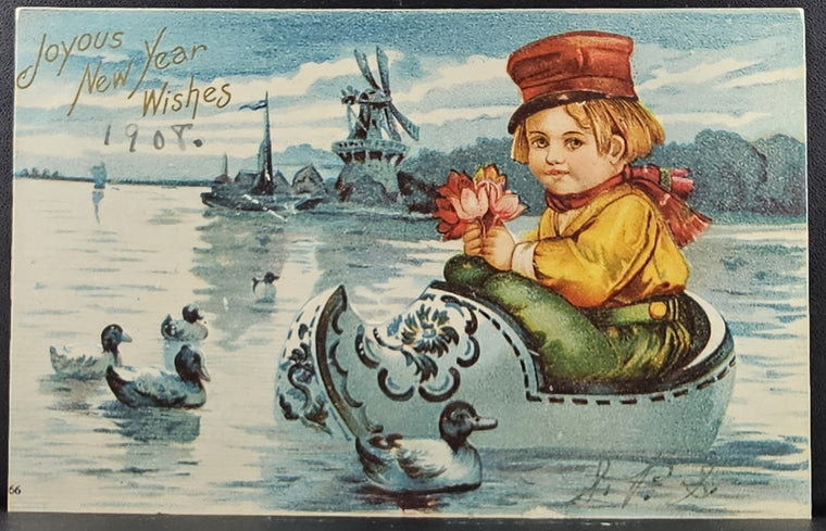 New Year Postcard Dutch Boy in Wooden Shoe Boat IAP Undivided Back