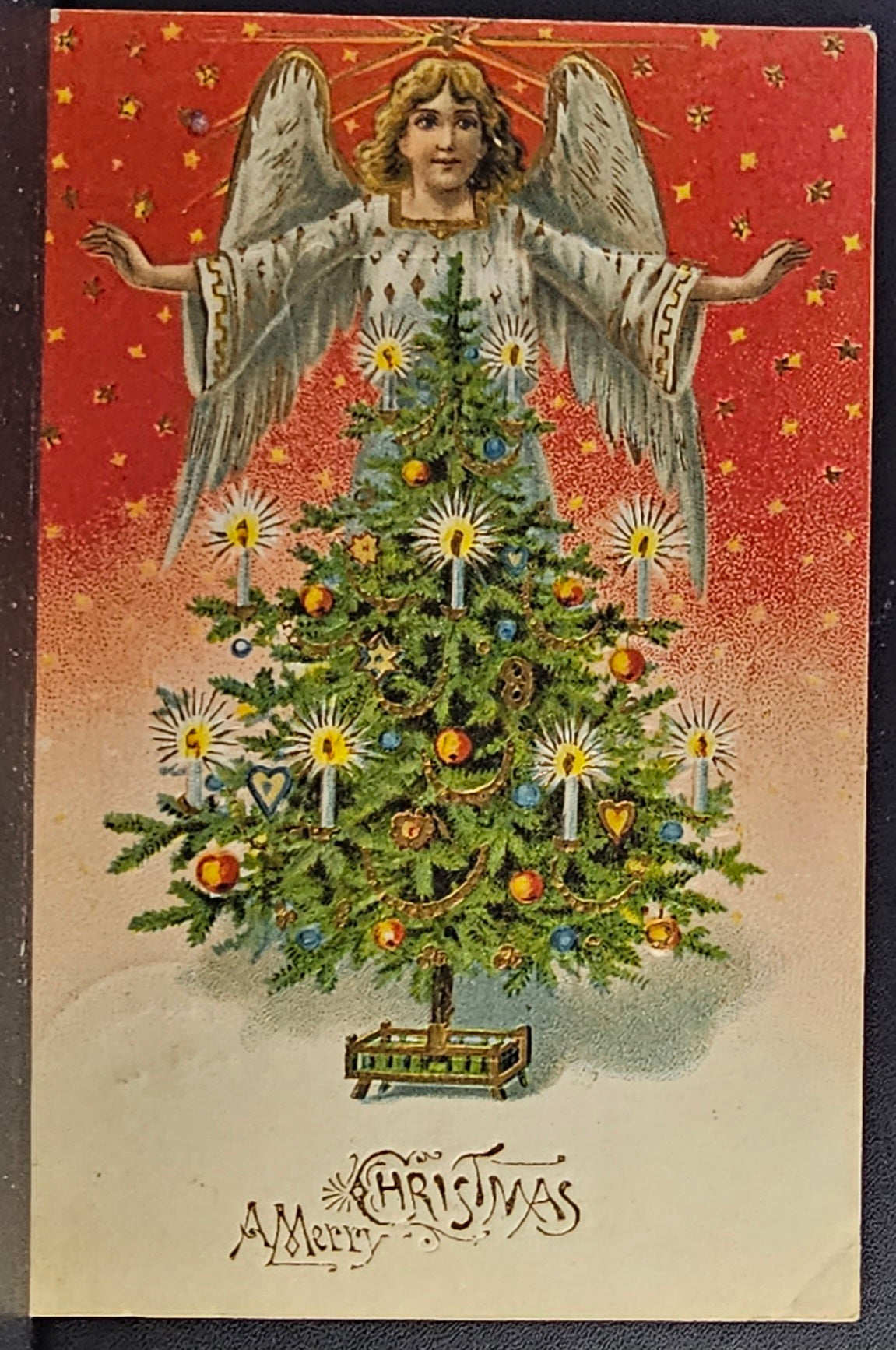Christmas Postcard Angel Over Decorated Xmas Tree Gold Highlights