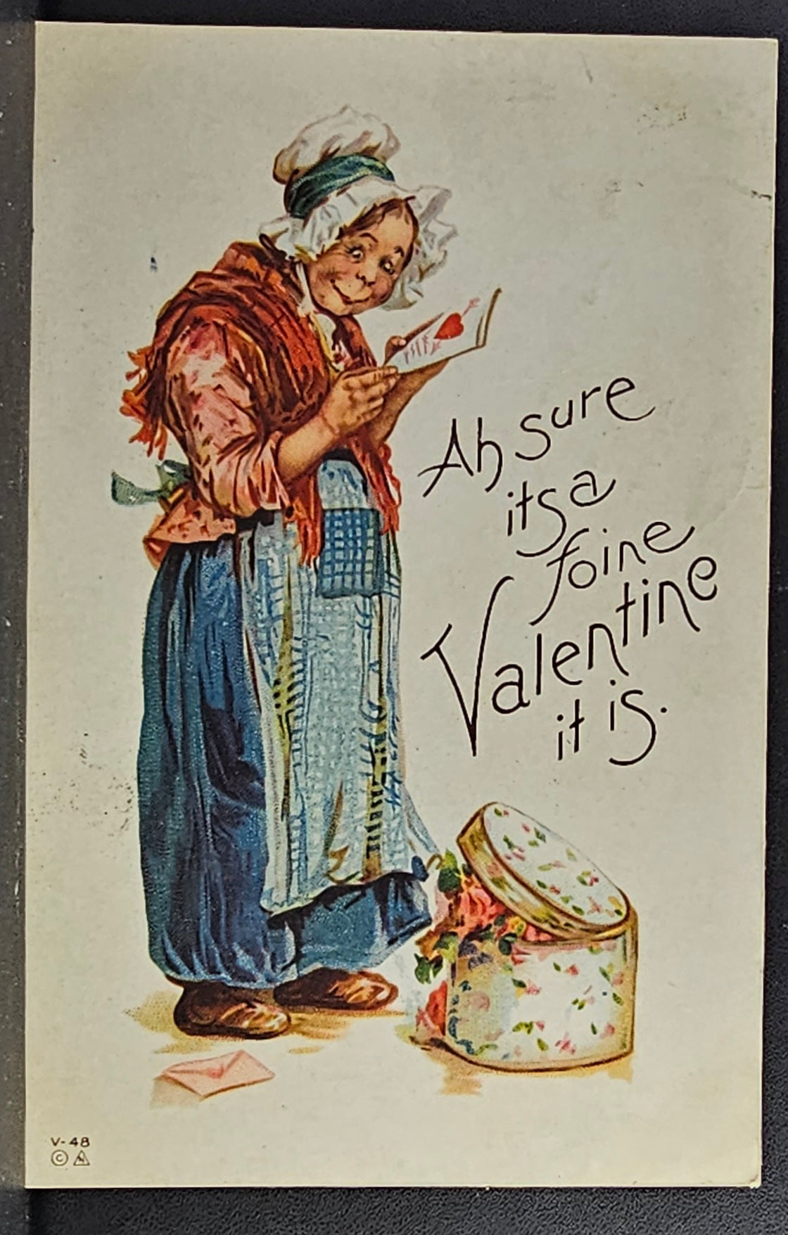 Valentine Postcard Artist Frances Brundage Woman Holding Card in Bonnet & Shawl