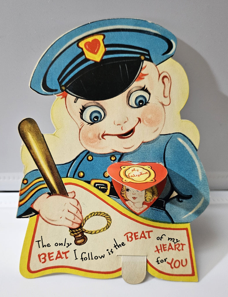 Antique Die Cut Mechanical Valentine Card Police Officer Lift Flap My Only Beat is My Heart Beat for You