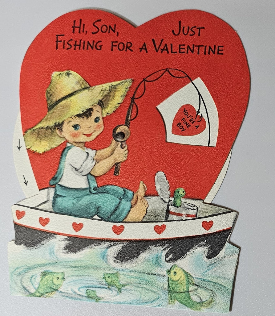 Vintage Die Cut Mechanical Valentine Card Boy Fishing with Spin Wheel Messages