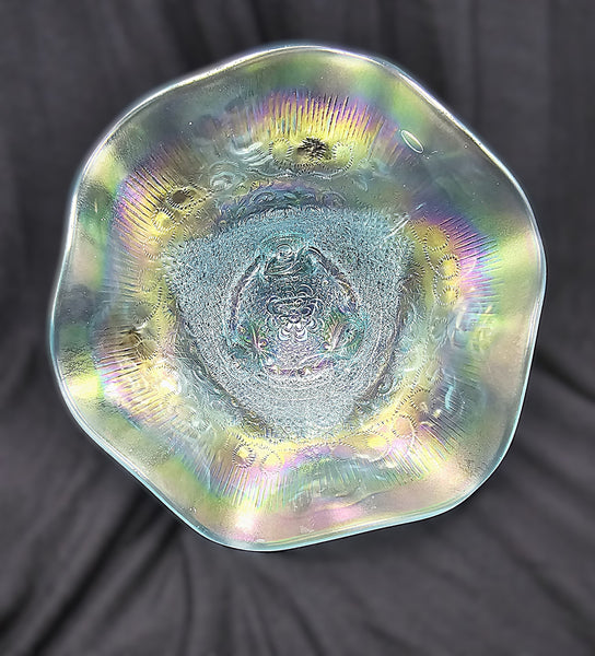 Northwood Carnival Glass Ice Blue Fine Cut & Roses Footed Candy