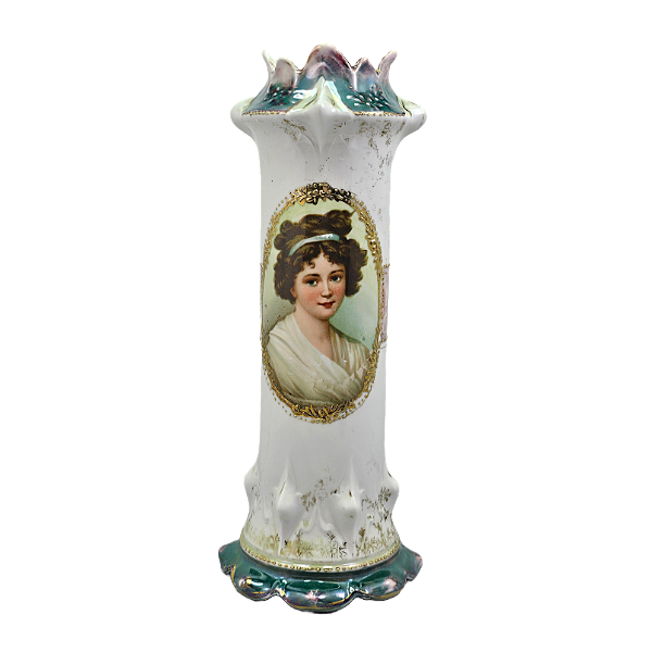 Antique Royal Vienna German Porcelain Portrait Vase Young Lebrun with Ribbon Art Nouveau Tiffany Finish
