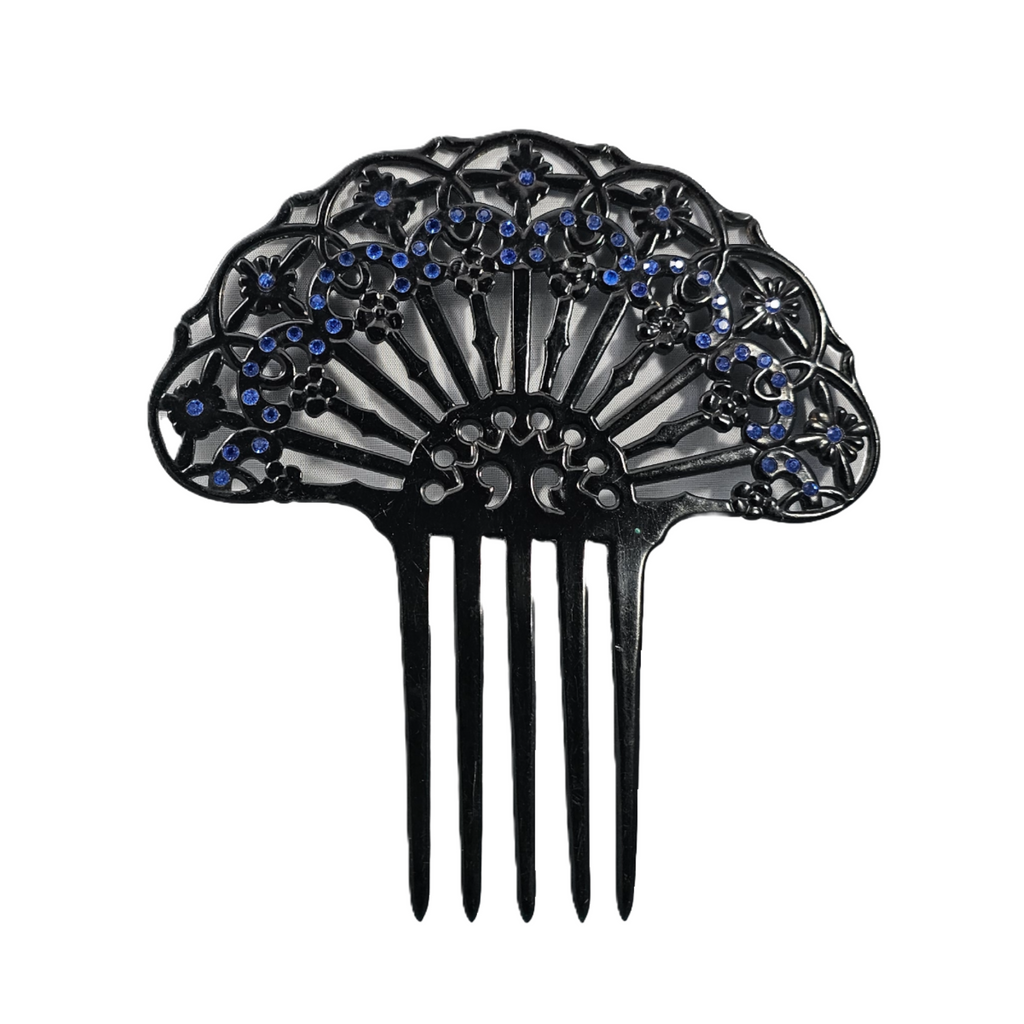 Art Deco Black Celluloid Spanish Hair Comb with Sapphire Blue Rhinestone Gems