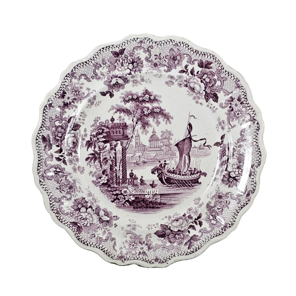 Antique 1830's Staffordshire Porcelain Purple Transferware Plate by Thomas Mayer Oriental Scenery