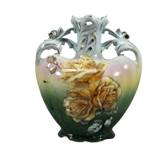 Royal Bayreuth Porcelain Art Nouveau Heart Shaped Vase with Yellow Roses