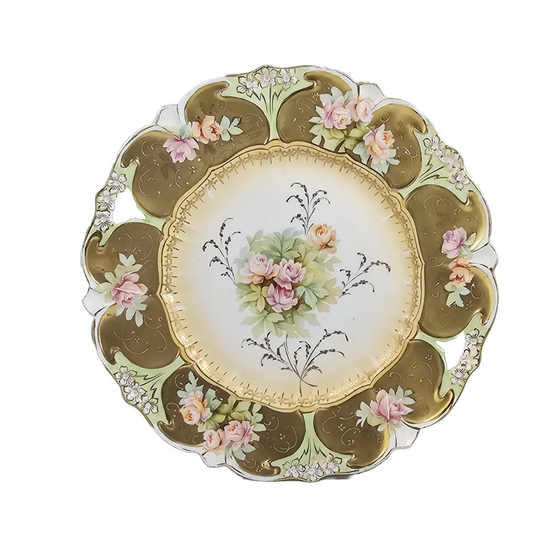 RS Prussia Porcelain Cake Plate Heavy Gold with Roses Early Mold 10 Art Nouveau Period