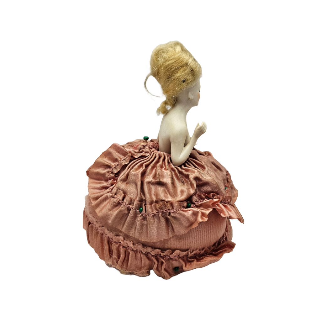 Galluba Hofmann German Porcelain Half Doll on Pin Cushion 2420 with Mohair Wig