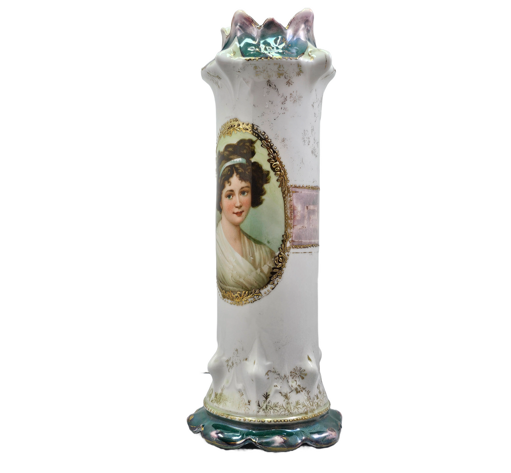 Antique Royal Vienna German Porcelain Portrait Vase Young Lebrun with Ribbon Art Nouveau Tiffany Finish