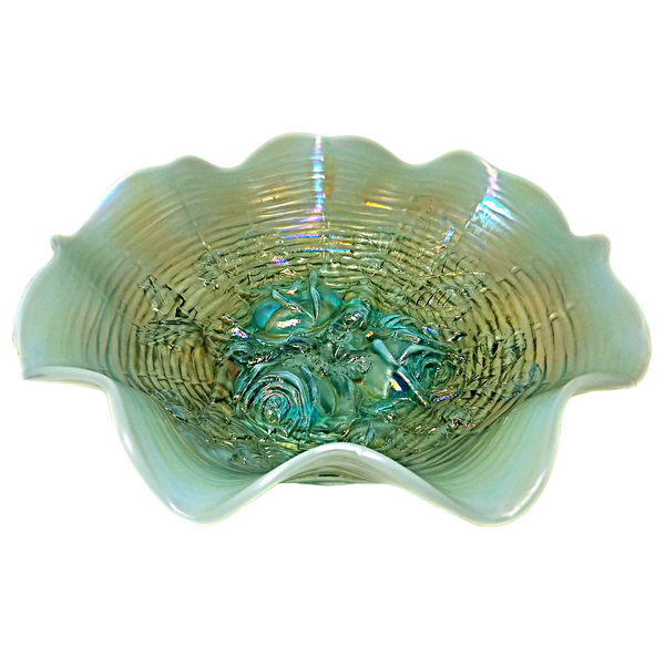 Vintage (1970's) Fenton Art Glass Co. Levay Aqua Opalescent Carnival hot Drapery Rose Bowl