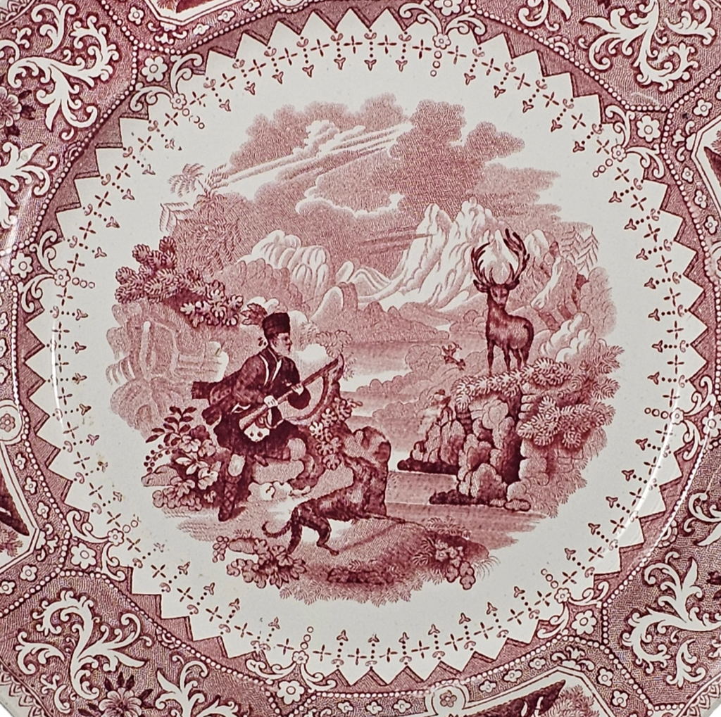 Antique 1830's Staffordshire Porcelain Red Transferware Plate by Adams Caledonia Scottish Highlander Hunting Stag