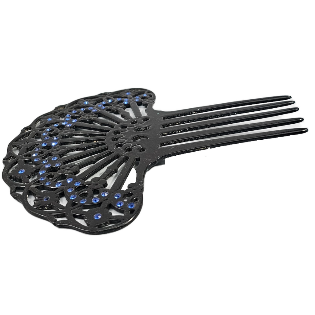 Art Deco Black Celluloid Spanish Hair Comb with Sapphire Blue Rhinestone Gems