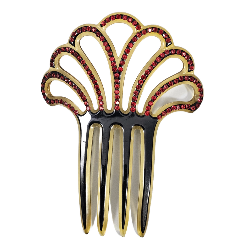 Art Deco Celluloid Hair Comb Black on Clear with Ruby Red Rhinestones