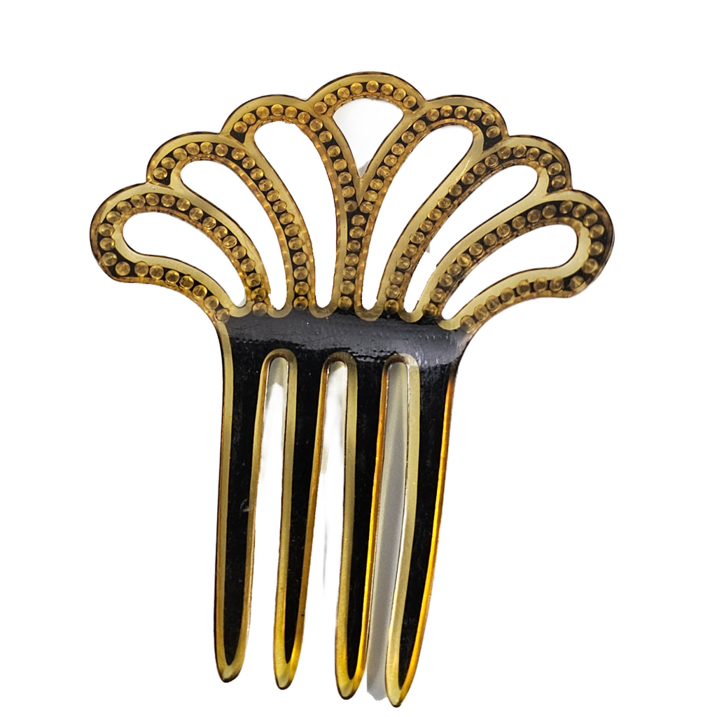Art Deco Celluloid Hair Comb Black on Clear with Ruby Red Rhinestones