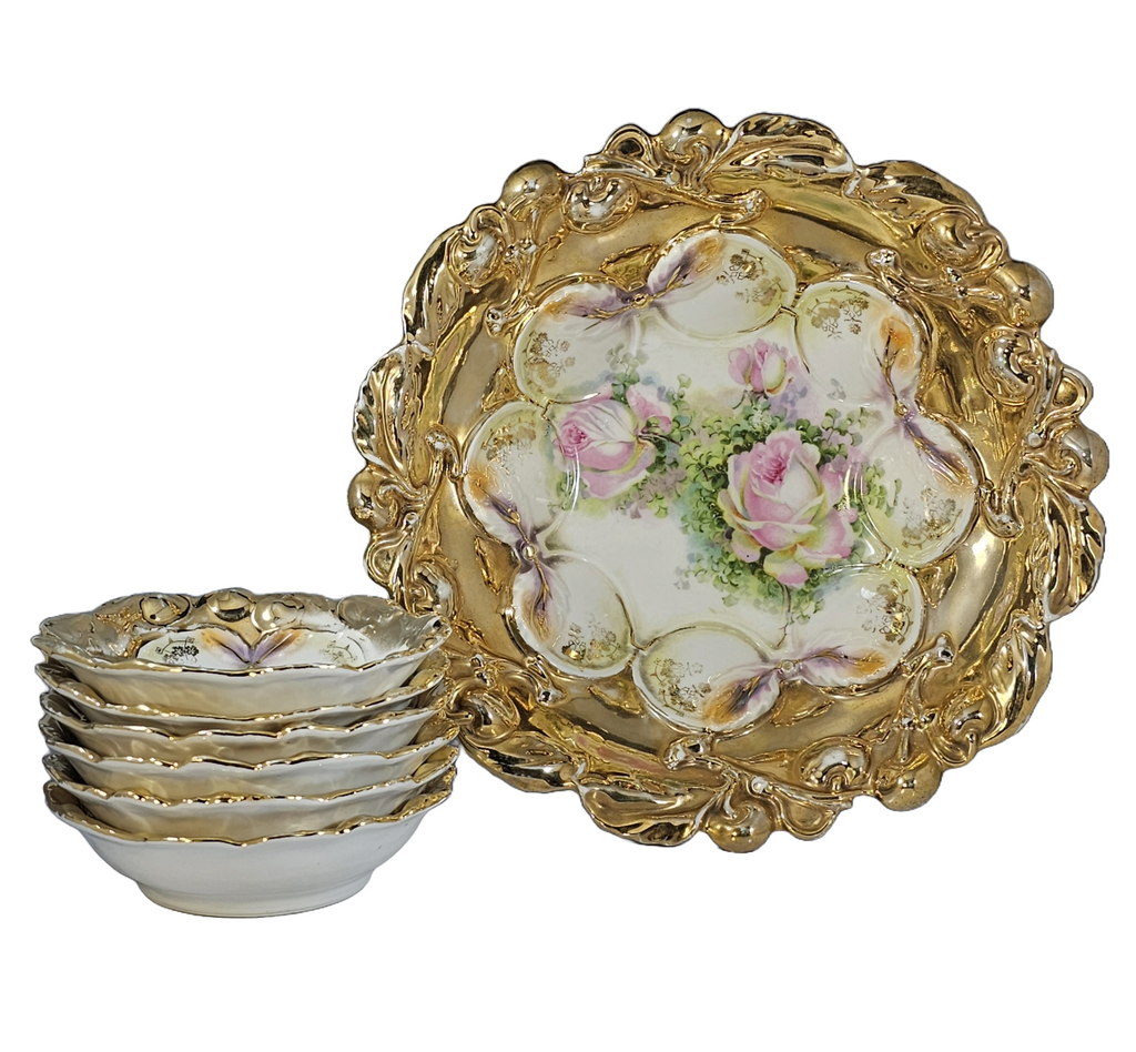 German Porcelain Berry Bowl Set  7pc Heavy Gold Trim with Pink Roses Etched Interior Art Nouveau Period