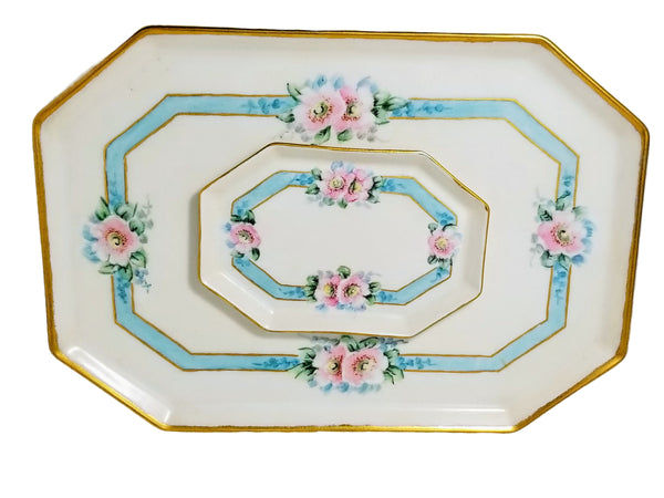 Antique T&V Limoges Porcelain Dresser Tray Set | Hand Painted Pink