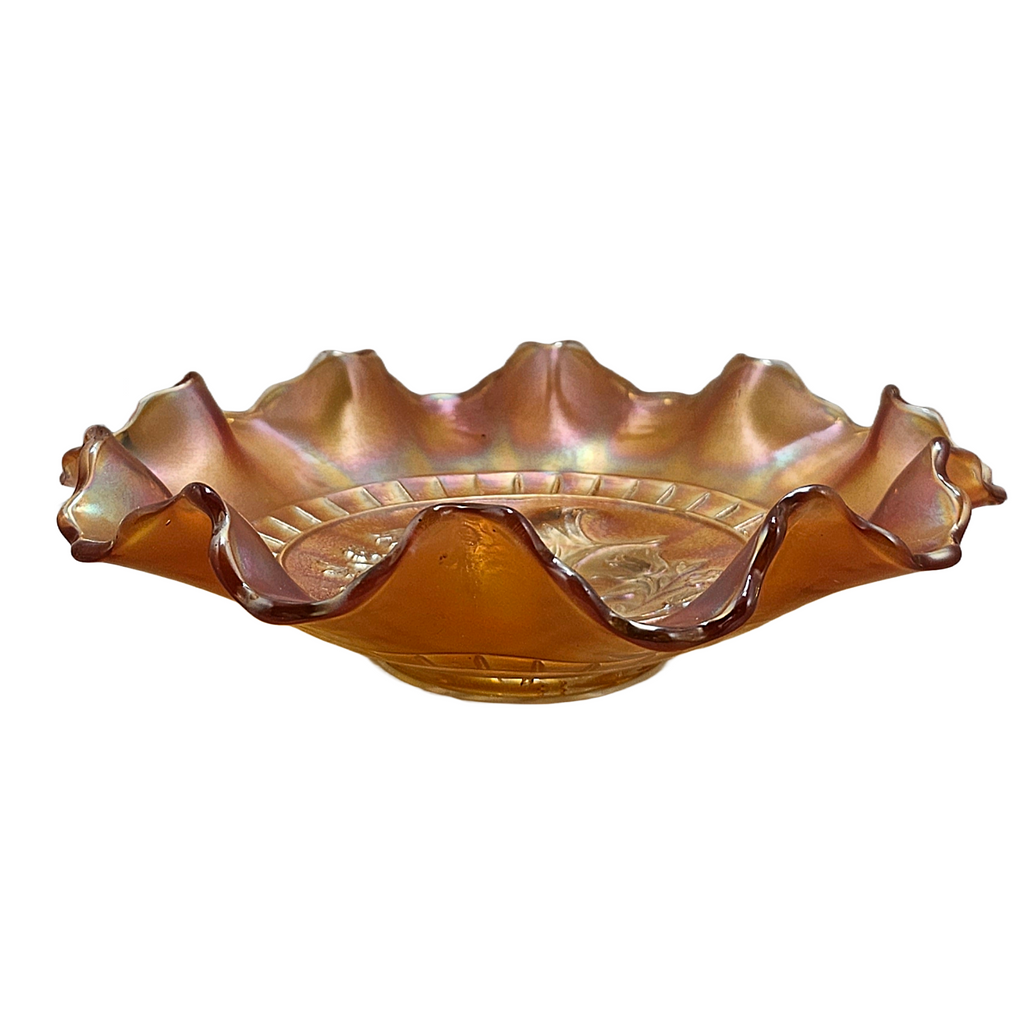 Dugan Windflower Ten Ruffle Marigold Carnival Glass Bowl