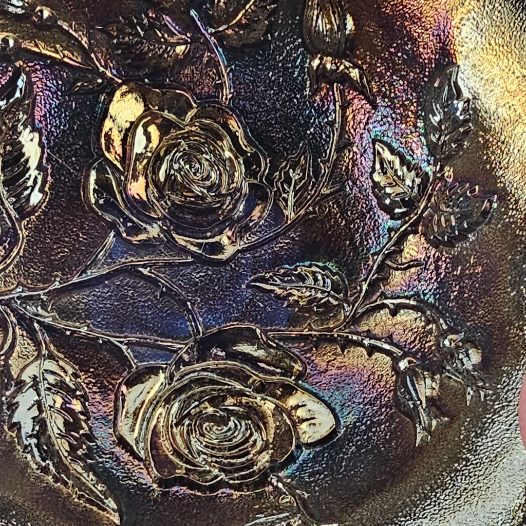 RARE Blue Stippled Imperial Carnival Glass Open Rose Lustre Rose Collar Based Bowl