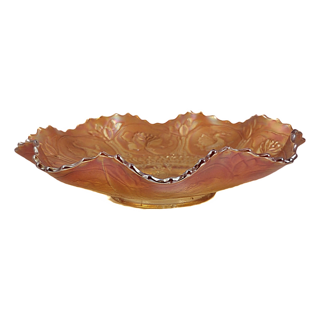 Beautiful 1900's Fenton Marigold Dragon & Lotus Carnival Glass Iridescent Ruffle 8 Point Bowl