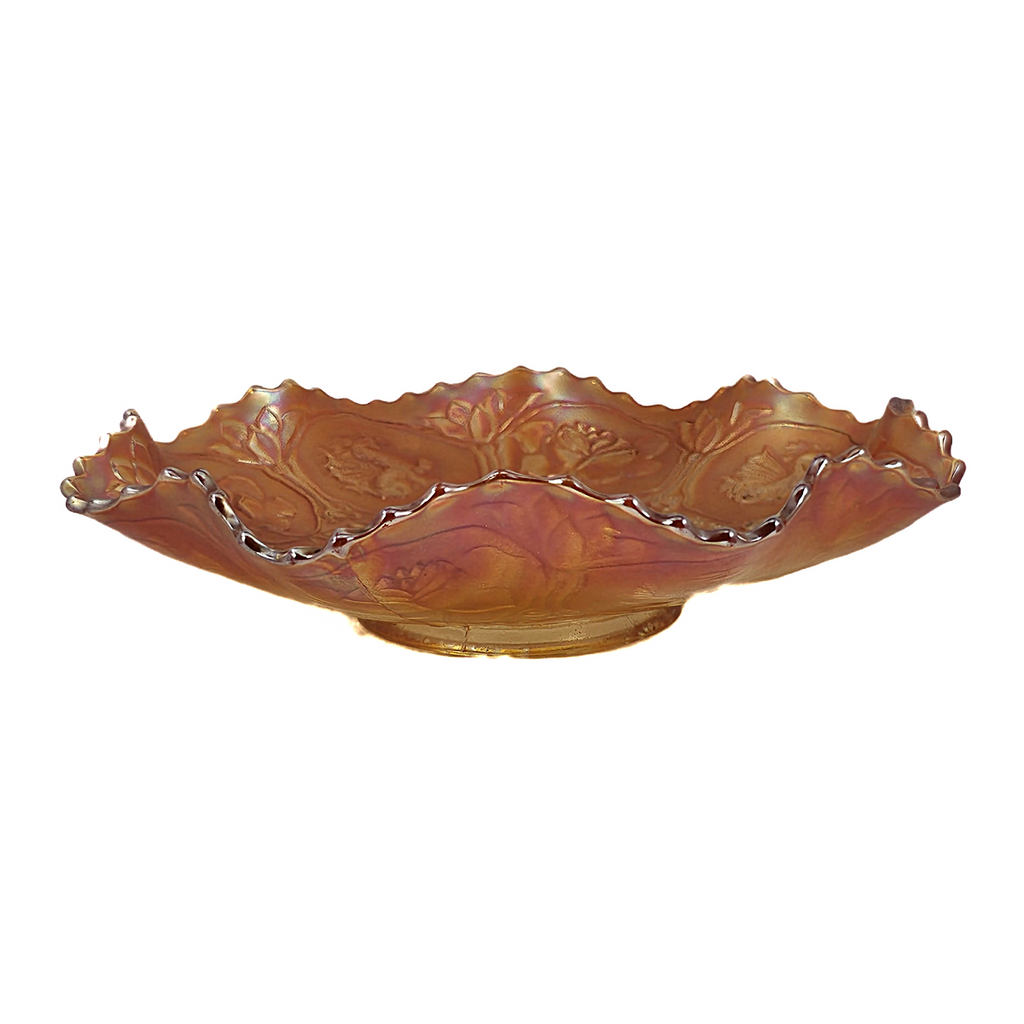 Beautiful 1900's Fenton Marigold Dragon & Lotus Carnival Glass Iridescent Ruffle 8 Point Bowl