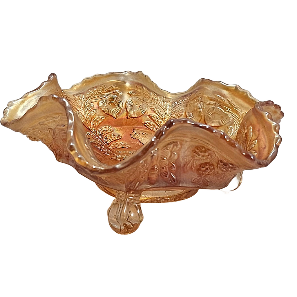 Fenton Antique Marigold Carnival Glass 3-Footed Sauce Berry Bowl Panther Butterfly