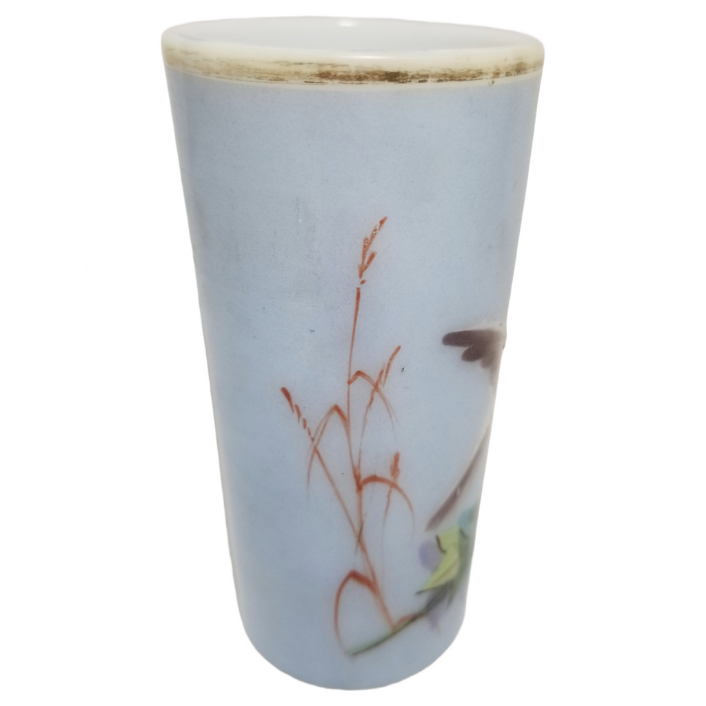 Antique Mt Washington Smith Brothers Sandwich Glass Opaque Bird Decorated Cylinder Tumbler Vase