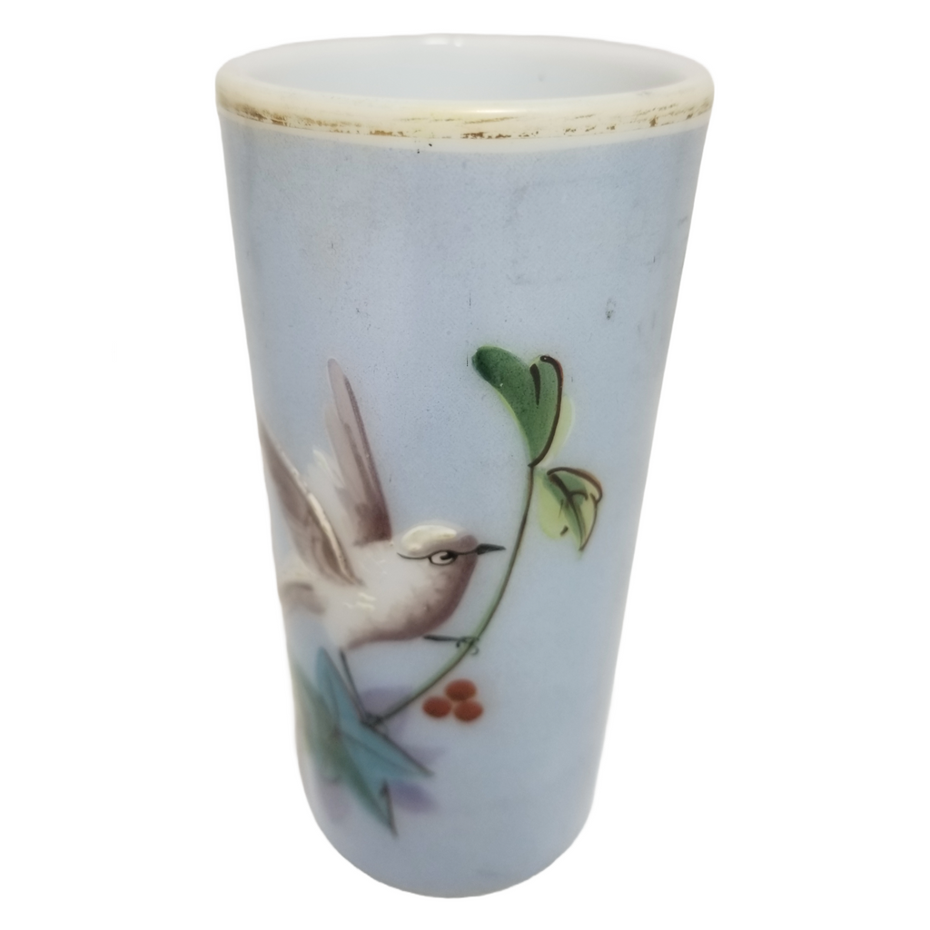 Antique Mt Washington Smith Brothers Sandwich Glass Opaque Bird Decorated Cylinder Tumbler Vase
