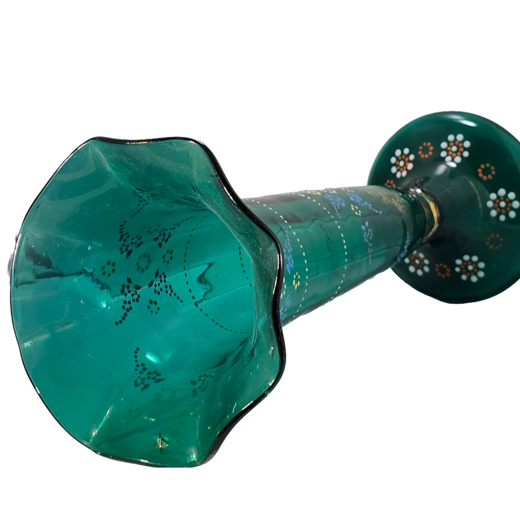 Enamel Emerald Green Art Glass Trumpet Vase 11"