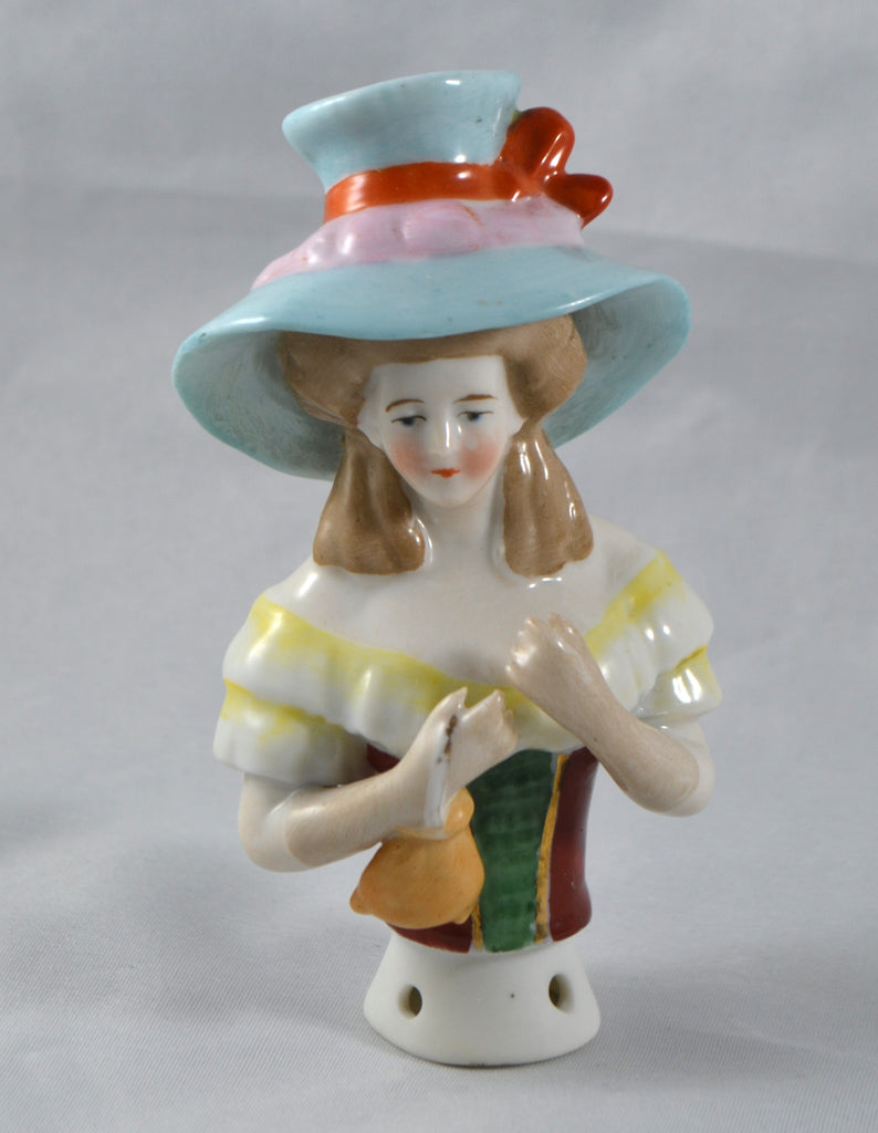 Large & Rare Half Doll in Oversized Hat Holding Reticule Purse