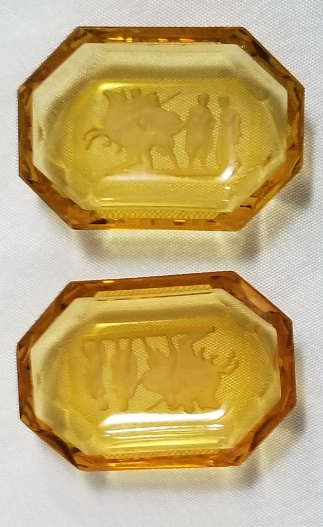 Vintage Czech Bohemian Intaglio Etched Amber Glass Salt Cellars Set of Two Warriors with Horse