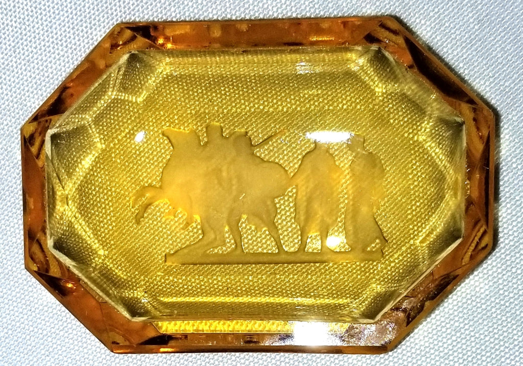 Vintage Czech Bohemian Intaglio Etched Amber Glass Salt Cellars Set of Two Warriors with Horse