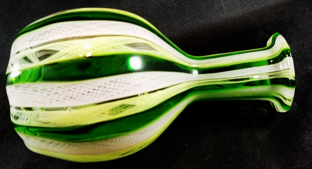Venetian Latticinio Murano Glass Hand Blown Emerald & Chartreuse White Ribbon Twist Bud Vase