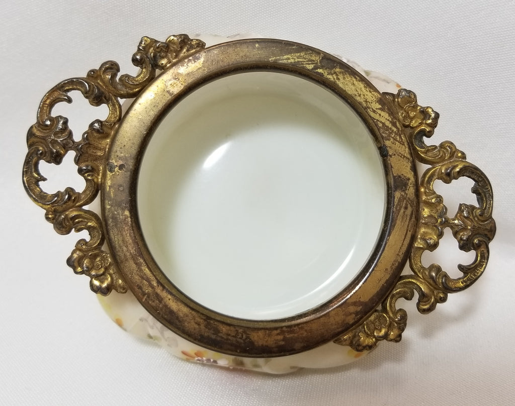 Wave Crest Helmschied Swirl Opal Ware Hand Painted Flowers Open Pin Dish w/Collar & Handles